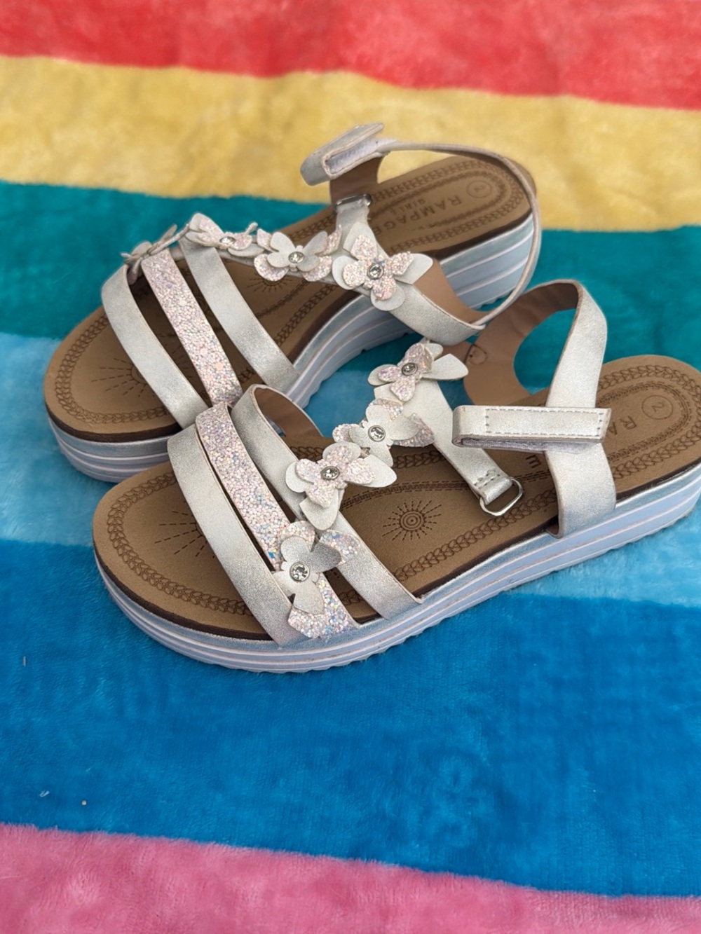 Rampage Girls Silver Glitter Flower Strap Sandals